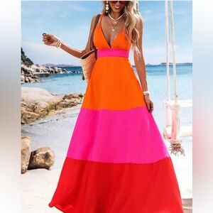 Vivid Eden Woven Color Block V-Neck Women Long Dress size Small